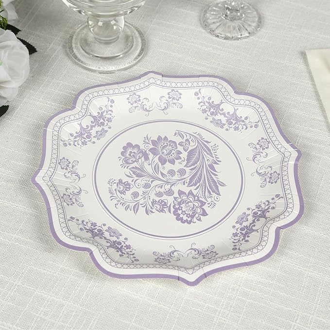 50 Pack 8" White Lavender Lilac French Toile Dessert Plates, Disposable Round Paper Floral Pattern Appetizer Salad Plates 300 GSM for Party Decoration