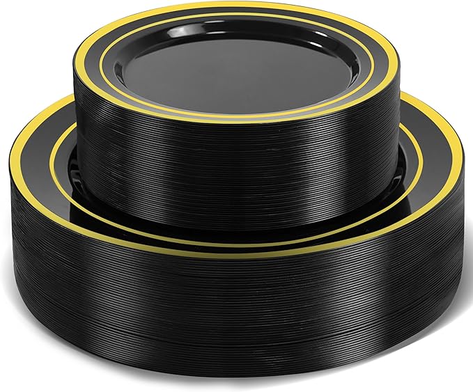 100 PCS Black and Gold Plastic Plates,Disposable Party Black Plates Include 50 10 inch Dinner Plate and 50 7 inch Dessert Plate,Gold Rimmed plates Perfect for Party Holiday,Birthday