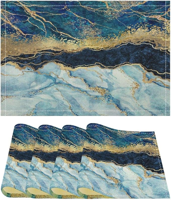 Marble Linen Placemats Set of 4, 12x17 Inch Modern Abstract Foil Texture White Blue Gold Marble Table Mats Washable Fabric Place for Party Kitchen Wedding Dining Banquets Decor
