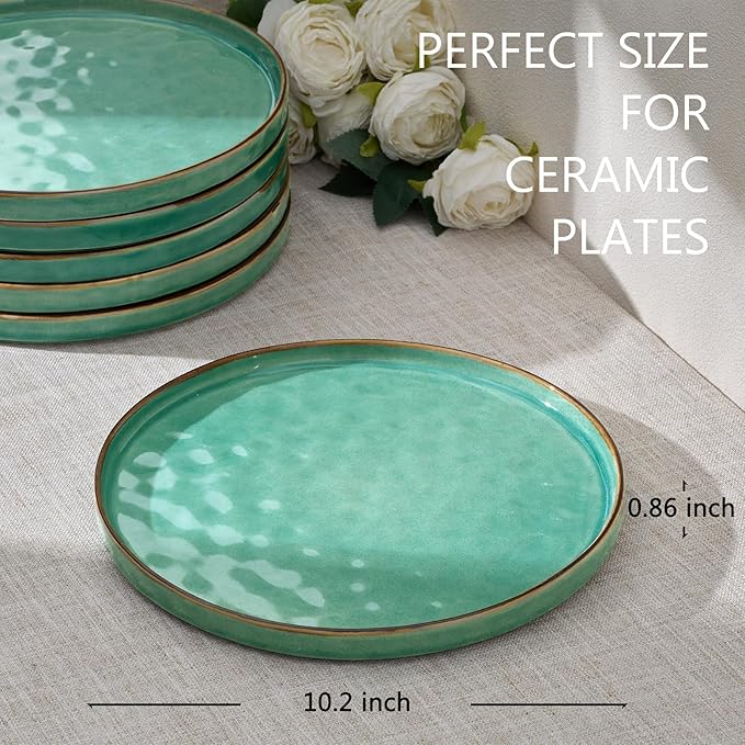 LIANYU Ceramic Dessert Plates Set of 6, 10.2 Inch Kitchen Dinner Plates Set, Porcelain Serving Dishes for Cake, Bread, Salad, Snack and Steak, Microwave, Oven and Dishwasher Safe, Emerald Green
