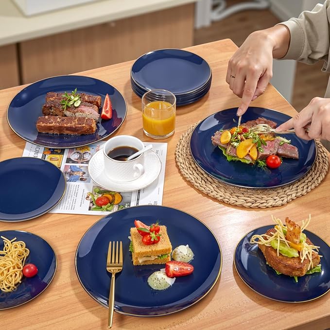 PULOTE 200 Pieces Blue Plastic Plates - Navy Blue and Gold Disposable - Include 100PCS 10 inch Dinner & 100PCS 7 inch Dessert Plate for Party & Hanukkah