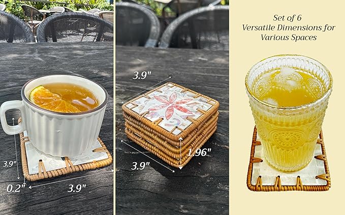 Handmade Rattan Coaster Set of 6, Cute Square Coasters with Mother of Pearl,Colorful Boho Coaster for Decorative, Coffee Table - Bar & Outdoor Drink Coasters, Unique Housewarming - Occasions Gift