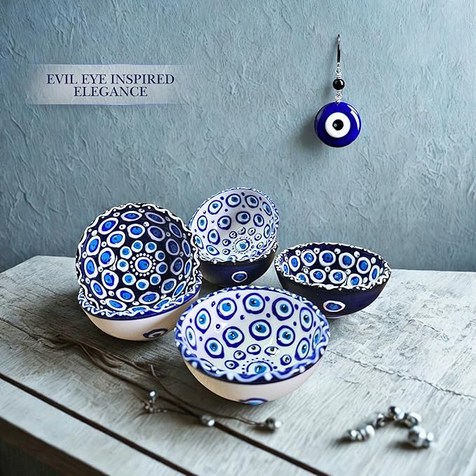 Handmade Decorative Turkish Ceramic Mini Pinch Bowls Set of 6 – Small Dipping & Serving Sauce Bowls, Charcuterie Accessories, Hand-Painted Evil Eye Pattern Snack Dishes for Kitchen & Table Decor