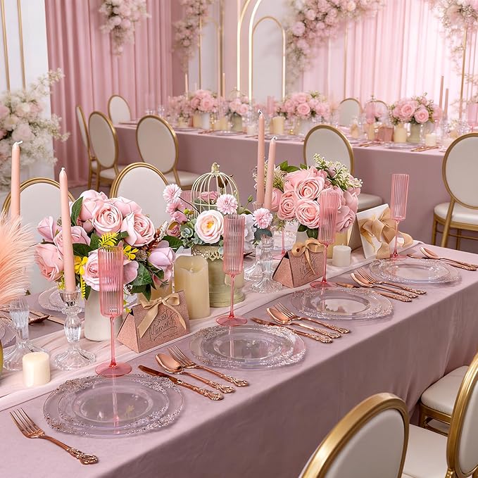102PCS Rose Gold Plastic Plates - Clear Rose Gold Plate - Heavy Duty Disposable Plates - Fancy Disposable Dinner & Dessert Plate for 51 Guests for Party & Wedding & Valentines