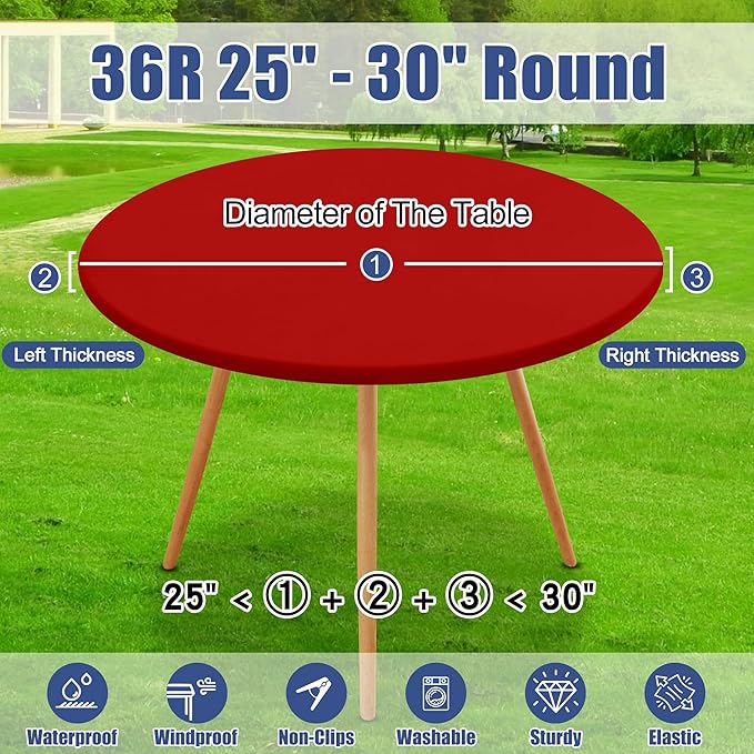 Round Spandex Christmas Tablecloth 2 Pack, Elastic Fitted Waterproof Tablecloths for 25"-30" Tables, Stretch Washable Picnic Table Cover for Camping, Dining, Indoor and Outdoor, Red