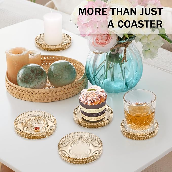 Vintage Glass Coasters, GOH DODD Set of 8 Crystal Coasters Tabletop Protection for Drinks, Home Decor, Kitchen, Living Room, Patio, Wedding, Party, Housewarming Gifts, Amber