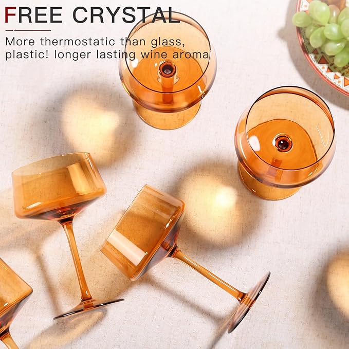 Hand Blown Colored Coupe Glasses Set of 6-13oz large Crystal Martini, Cocktail & Champagne Glasses -Cute & Colorful Cocktail Glassware-Perfect for Bar, Cocktails, Martinis-Wedding Gifts