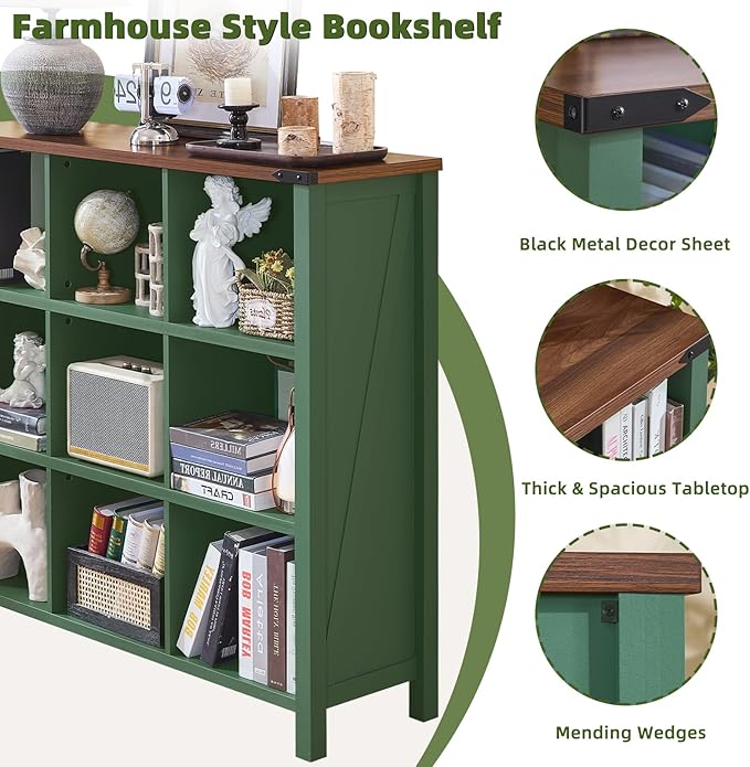 9 Cube Storage Organizer, Farmhouse 47 Inch Wide Vintage Green Bookshelf, Wooden 3 Tier Display Large Open Book Shelf, Rustic Bookcase for Home Office, Cubby Storage Cabinet for Living Room