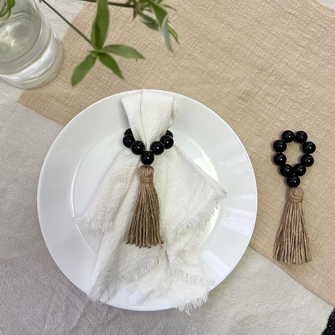 Napkin Rings Set of 12,Wooden Napkin Ring,Wood Bead Elastic Farmhouse Napkin Holder with Tassel,Boho Napkin Rings for Table Decor,Weeding,Dinner,Party (Black)