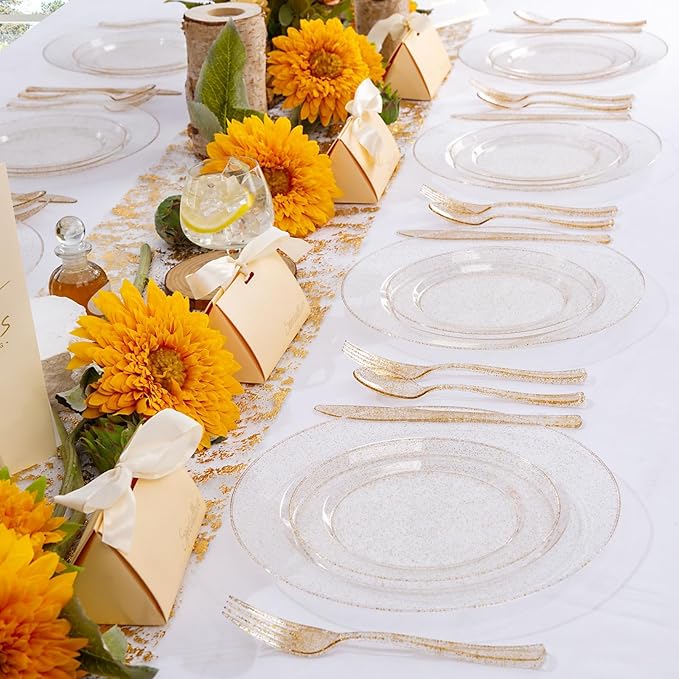 WDF 200PCS Gold Plastic Plates - Gold Glitter Plastic Plates - Heavy Duty Gold Glitter Disposable Plates - Include 100 Dinner Plates 10" and 100 Dessert Plate 7" for Party Wedding Valentine's Day