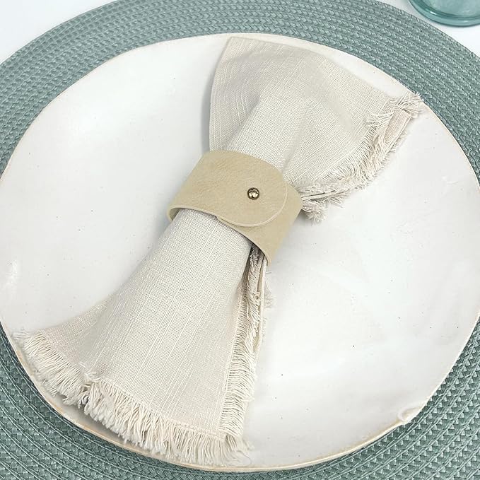 Luxury Leather Napkin Rings Set of 8, Beige, Morgan Faux Style, Modern Cuff Design for Wedding Party Decorations, Kitchen, Holiday Table,Rust Proof,Hotel, Home, Table Accessories, Dining