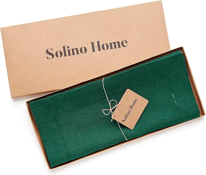Solino Home Linen Rainforest Green Table Runner 144 Inches Long - 100% Pure Linen Extra Long Table Runner 14 x 144 Inch for Winter, St Patricks Day - Classic Hemstitch