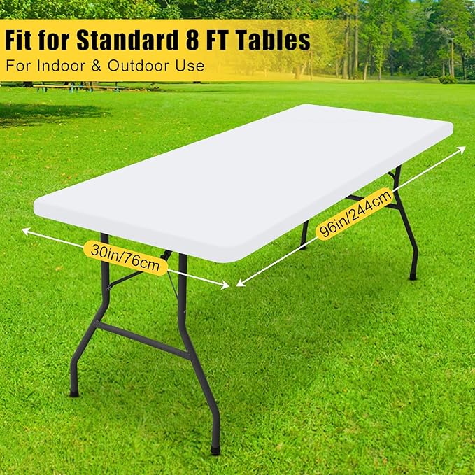 Smiry Rectangle Tablecloth, Elastic Fitted Flannel Backed Vinyl Tablecloths for 8ft Folding Tables, Waterproof Wipeable Table Covers for Indoor, Outdoor, Picnic and Camping (White, 30"x96")