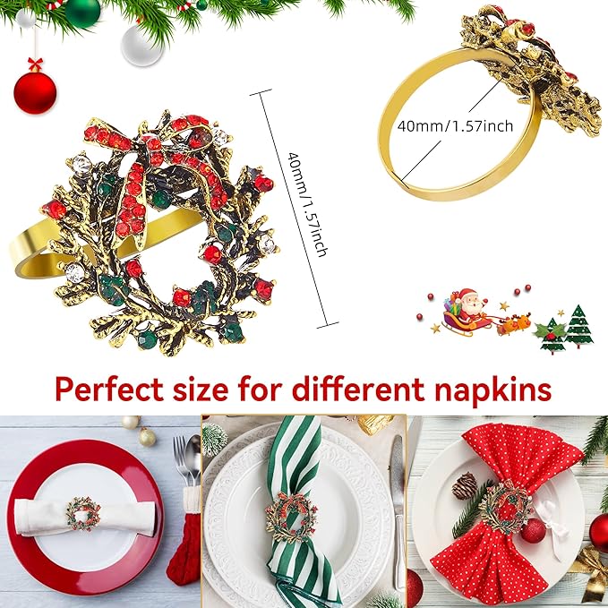 ZeeDix Christmas Wreath Napkin Rings Set of 8, Rhinestone Holiday Christmas Napkin Ring Holders for Cloth Napkins, Xmas Napkin Rings for Thanksgiving Holiday Dinner Parties