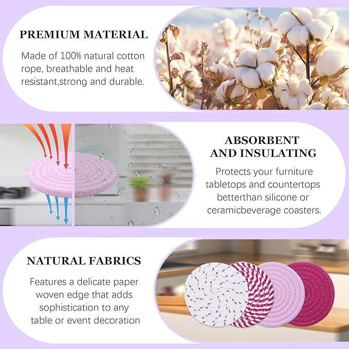 8 Pcs Drink Coasters, Minimalist Cotton Woven Coaster Set, 4 Colors Absorbent Coaster Protection Protection for Various Cups, Ideal for Coffee Tables and Home Decor Tabletop, 4.3 Inches