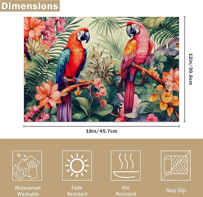 Placemats Set of 6 Tropical Parrot Forest Place Mats Washable Kitchen Dining Linen Table Mats Stain Heat, for Home Party Indoor 12x18 in