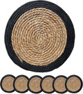 ANDSTAR Round Woven Placemats Set of 6, 12"x12", Natural Wicker Placemats, Water Hyacinth Straw Braided Placemats,Boho Place Mats for Farmhouse, Rustic Table (Water Hyacinth + Black Cotton Rope)