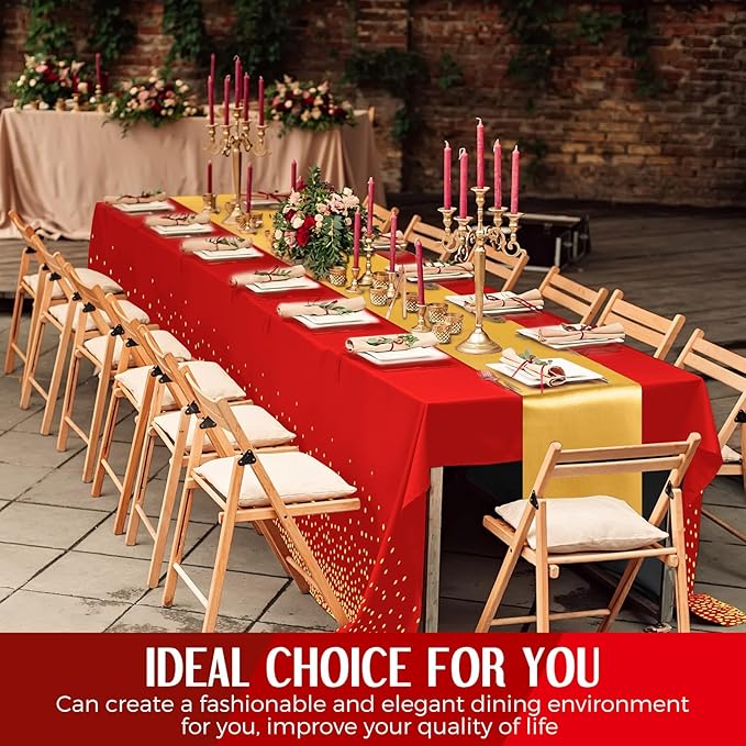 Breling 24 Pack Red and Gold Disposable Plastic Tablecloths and Satin Table Runner Set, 54 x 108 Inch Tablecloth, 12 x 108 Inch Table Runners for Wedding Graduation Birthday Baby Shower New Year