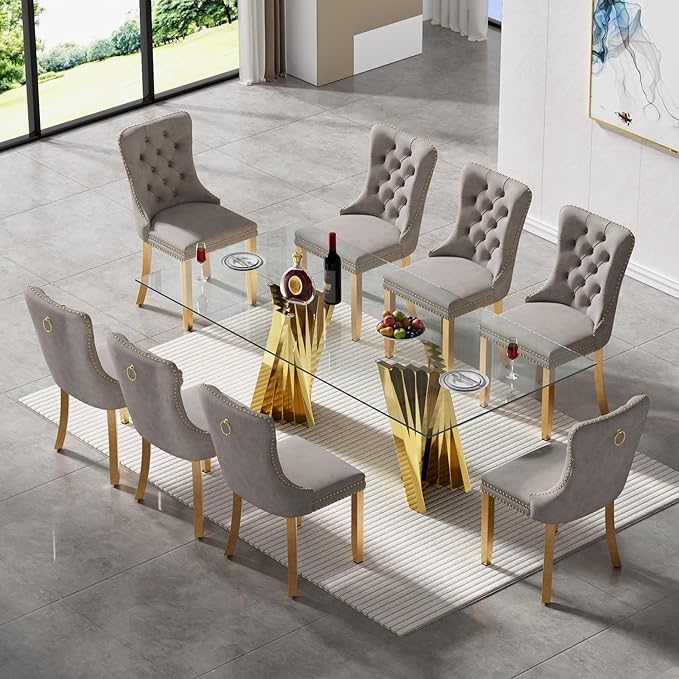 SSLine 9 Piece Glass Dining Table Set,70" Dinner Room Glass Table Set for 8,Modern Kitchen Dinner Table Set with Stainless Steel Base and 8 Upholstered Velvet Dining Chairs for Living Dining Room