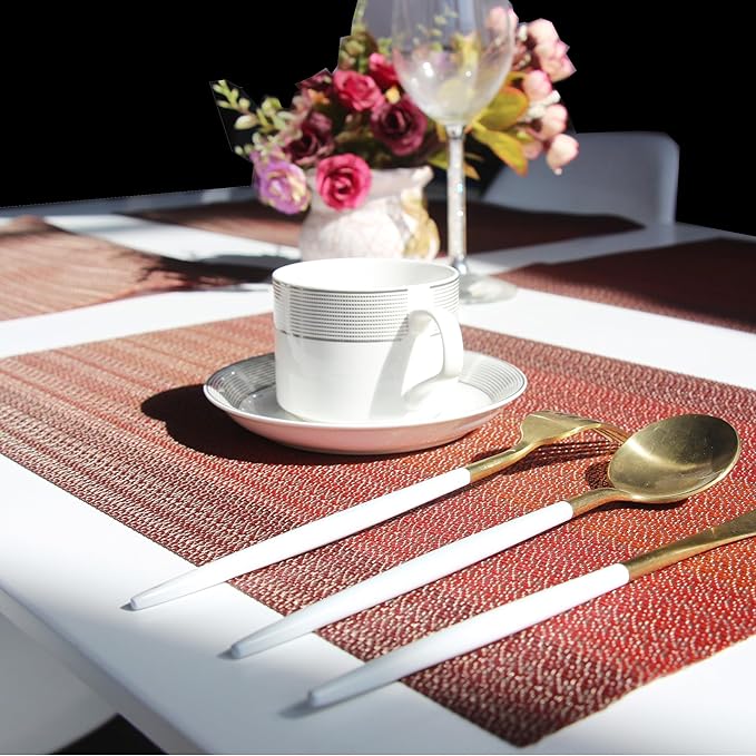 Placemats Washable Easy to Clean PVC Placemat for Kitchen Table Heat-resistand Cross Weave Vinyl Round Table Mats 12x18 inches Set of 6 （Red）