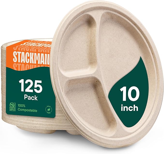 100% Compostable, 3 Compartment, Disposable Paper Plates [125-Pack] - {PFAS Free} - {BPA Certified} - [10 Inch] Heavy Duty Biodegradable Bagasse Sectional Lunch Trays + Dividers - Divided Platte Tray