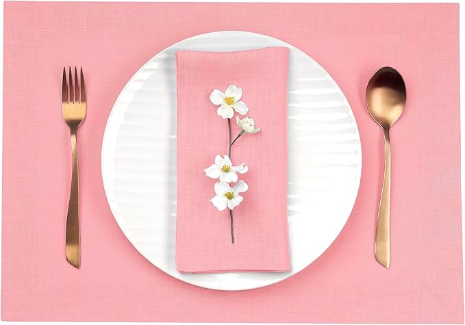 D'Moksha Homes Linen Dusty Pink Placemats Set of 4-100% Pure Linen Placemats 14 x 19 Inch for Valentines, Spring, Easter - Handcrafted and Machine Washable
