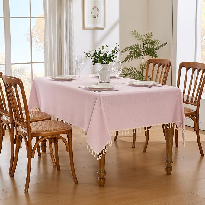 JIALE Valentines Textured Tablecloth, Heavy Duty Linen Style Farmhouse Table Cloth Rectangle Tables, Wrinkle-Free Washable Waterproof Table Cover for Kitchen, Dining, Parties, 55"x75", Pink