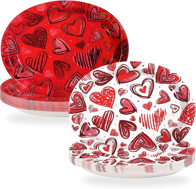 50Pcs Valentine’s Day Oval Paper Plates 10" x 12" Large Heavy Duty Watercolor Red Heart Disposable Plates Valentines Dessert Platters for Anniversary Wedding Birthday Party Supplies Decor
