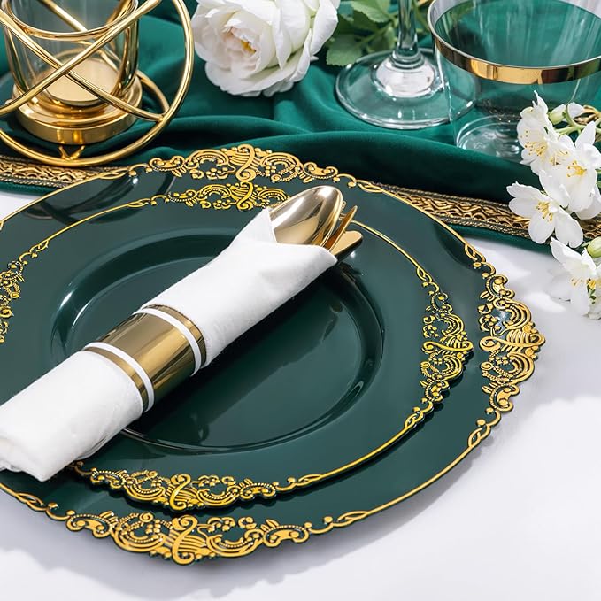 Nervure 175PCS Green Plastic Plates - Disposable Green Gold Party Plates & Pre Rolled Napkins with Cutlery for 25 Guests, 50Plates, 75Silverware, 25Cups, 25Napkin for Wedding & Party