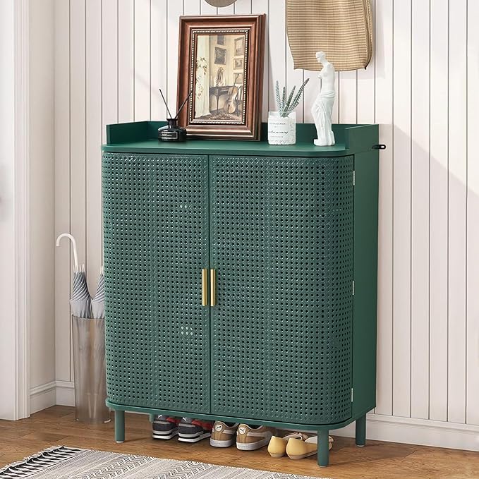 ORRD Shoe Cabinet, 5 Tier Boho Wooden Shoe Storage Organizer Cabinet with Adjustable Shelves, Shoes Rack with Iron Rattan Curved Doors Accent Cabinet for Entryway Hallway Living Room, Green