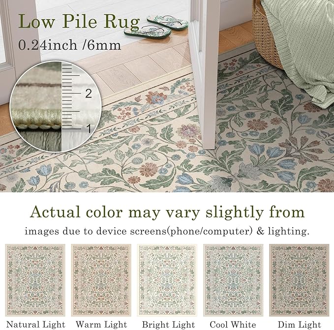 Beige Floral 5x7 Area Rugs for Living Room Large Washable Rug Vintage Forest Low Pile Non Slip Stain Resistance Soft Carpet for Dining Room, Bedroom, Office Rug, Kids Room, Nursery Room, Playroom