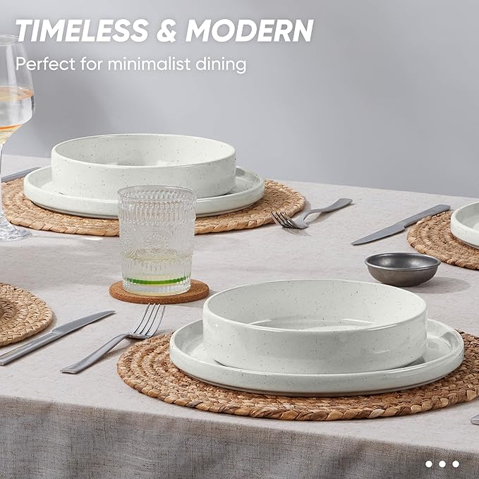 E-far 16-Piece Plates and Bowls Sets - Stoneware Dinnerware Sets with Pasta Bowls for 4 | Microwave & Dishwasher Safe Kitchen Modern Dish Set, Speckled White