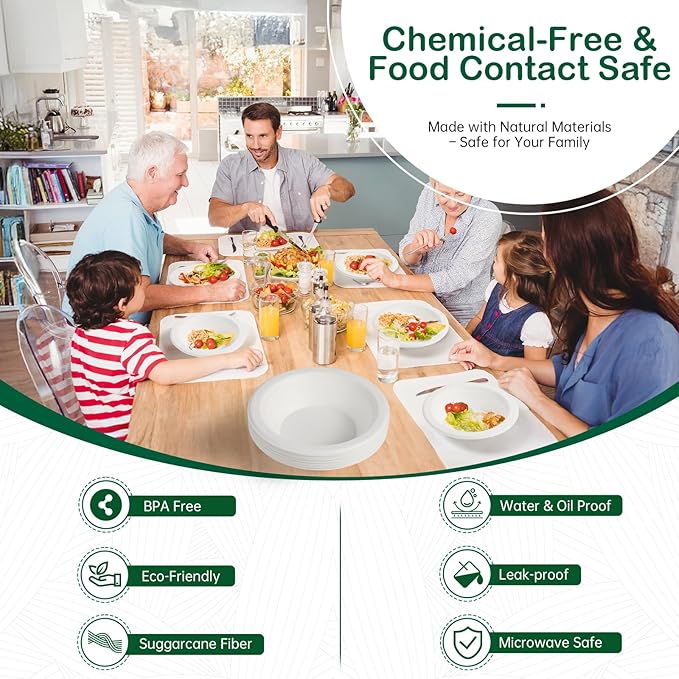 𝟭𝟮 𝗼𝘇, 𝟭𝟮𝟴-𝗣𝗮𝗰𝗸 Compostable Paper Bowls, Heavy-Duty Biodegradable Disposable Bowls Made from Bagasse, Eco-Friendly, Microwave & Freezer Safe (White)
