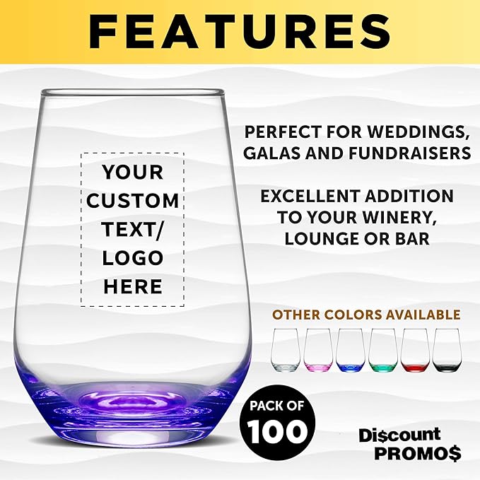 DISCOUNT PROMOS 100 Vaso Silicia Stemless Wine Glasses Set, 16 oz. - Personalized Text, Logo - Clear, Orb-Like, Thick base - Purple