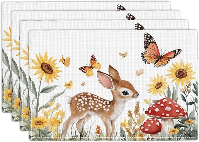 Cute Deer Placemats Set of 4, Sunflower Butterfly Place Mats, Sika Deer Waterproof Washable Table Mats for Home Party Indoor Kitchen Dining Table Decoration 12x18 Inch