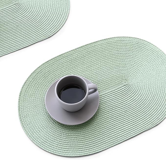 FunWheat Oval Braided Placemats Set of 6 Table Mats for Dining Tables Washable Heat Resistant Place mats for Daily Use 12X18 Inch(Oval Fog Green, 6pcs)
