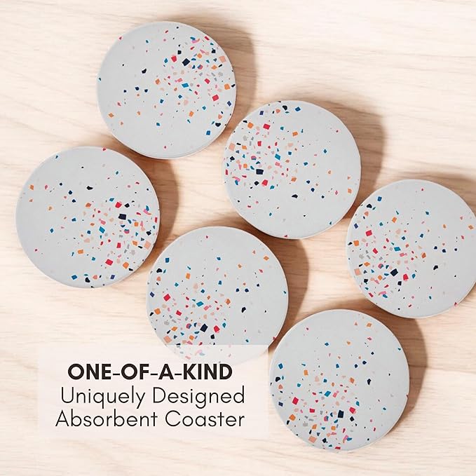Terrazzo Coasters Set of 6, Ceramic Absorbent Drink Coasters, Cute Moisture Absorbing Coaster, Coffee Table Desk Decor, Colorful Stone Coaster for Drinks (Color Burst)