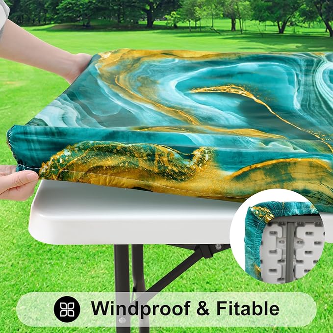 Smiry Rectangle Table Cloth Cover, Waterproof Elastic Fitted Picnic Tablecloth for 8 Foot Tables, Wipeable Flannel Backed Vinyl Tablecloths for Camping, Dining, Outdoor (Teal & Gold, 30" x 96")