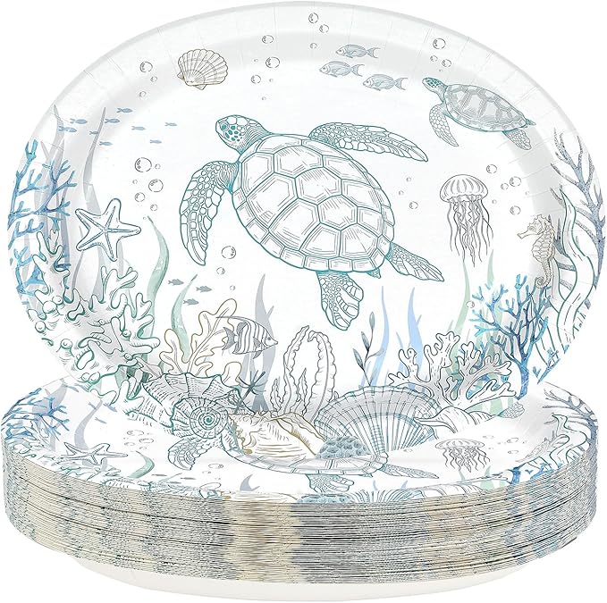 50 Pcs Coastal Turtle Oval Paper Plates 10" x 12" Large Heavy Duty Disposable Ocean Green Sea Turtles Plates Coral Starfish Platters for Coastal Summer Birthday Picnic Party Decorations
