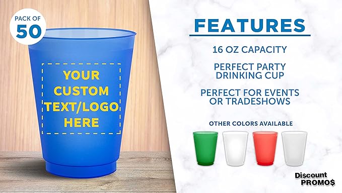 DISCOUNT PROMOS Custom Frosted Plastic Stadium Cups, 50 pack, Promotional Text, Logo, 16 oz. Shatterproof Flexible Reusable Party Cups, Blue