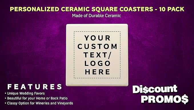 10 4" Square Ceramic Coasters Set - Customizable Text, Logo - Cork Bottom, Serve Ware - Natural