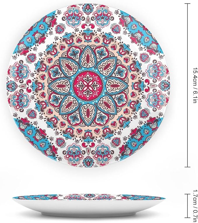 XISUNYA 7 Inch Decorative Plate, Boho Tableware Plate, Henna Style Floral Circles Paisley Retro Kaleidoscope Print Ceramic Wall Hanging for Home Office Party Dinner Table Decor