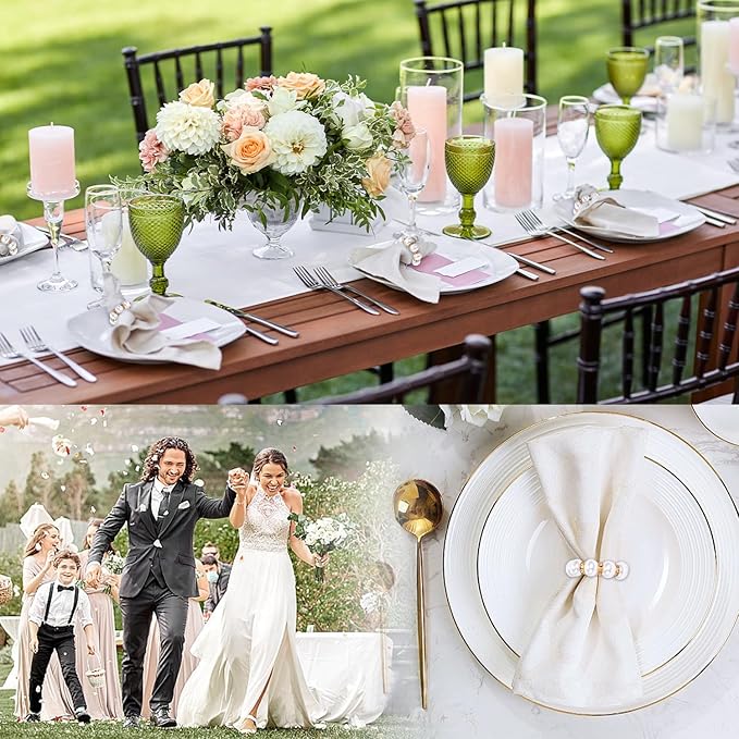 100Pcs Gold Disposable Imitation Pearl Napkin Rings, Exquisite White Gold Beaded Napkin Rings for Wedding Party Table Decoration and Daily Use