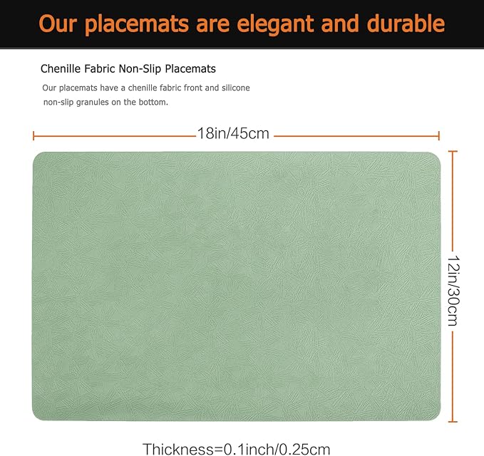 Vinyl Placemats Set of 6 Faux Leather 100% Waterproof Wipeable Washable Place Mats Heat Resistant Easy Clean Non-Slip Table Mats for Indoor Outdoor. (6, Green)