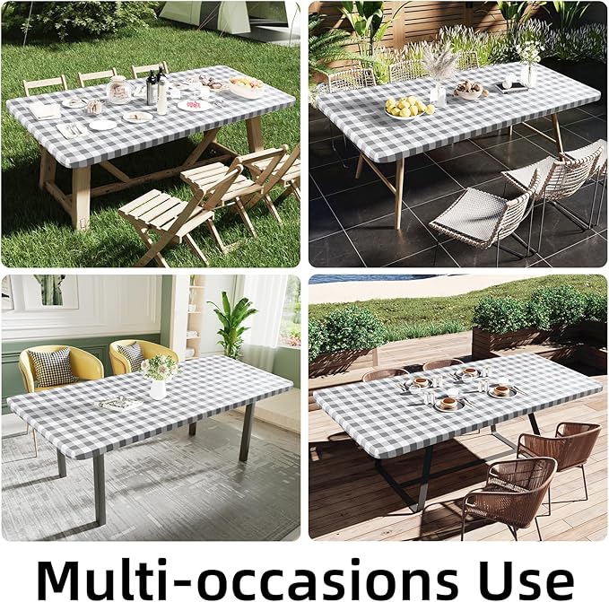 Smiry Rectangle Picnic Table Cloth, Elastic Waterproof Fitted Vinyl Tablecloths, Flannel Backed Buffalo Plaid Table Covers for Dining, Camping, Outdoor (White and Grey, 30" x 60")