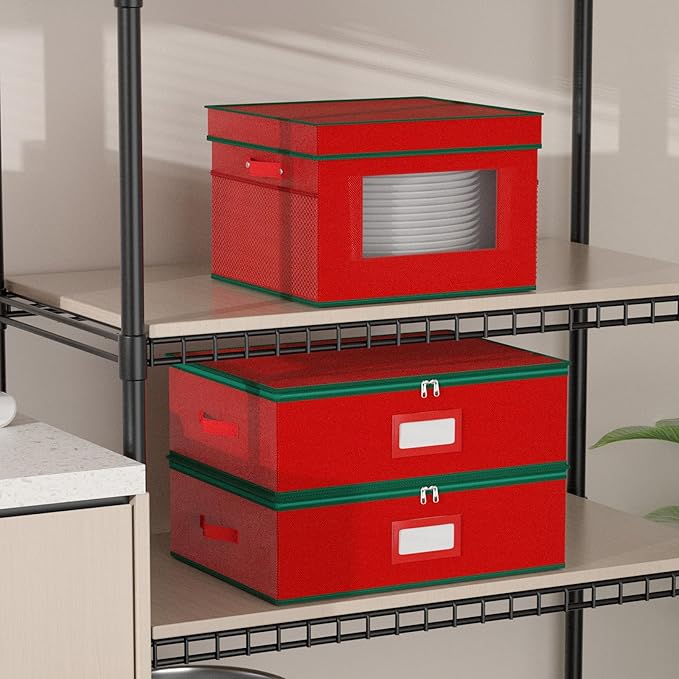 VERONLY China Storage Containers 2-Pack for Christmas and Holiday Dishes, Hard Shell Stackable Box with Felt Dividers, Holds 24 Fine Dinner Plates,Red