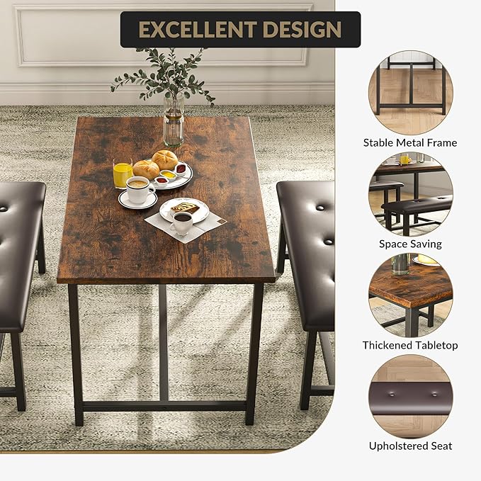 Garvee Dining Table with 2 Benches, Kitchen Table with 2 Upholstered Benches, 3 Piece Dining Table Set Space Saving for Apartment, Kitchen, 44.48" l x 27.58" w x 29.58" h, Rustic Brown