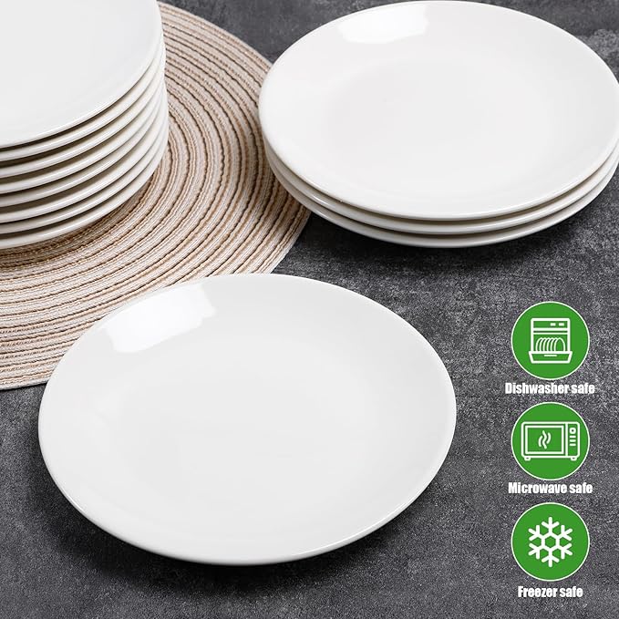 12 Pcs 8 Inch Ceramic Appetizer Plates, Round Dessert Plate Set, White Porcelain Serving Plate for Cake Snacks Bread, Microwave & Dishwasher Safe