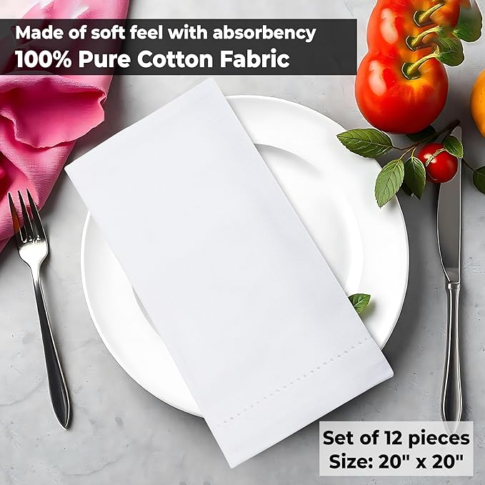 Urban Villa Cloth Napkins White Hemstitch Dinner Napkins Set of 12 (20X20) 100% Cotton Absorbent Washable Durable Reusable Ideal for Hotel Collection Farmhouse Parties Restaurant Lunch Dinner Napkins