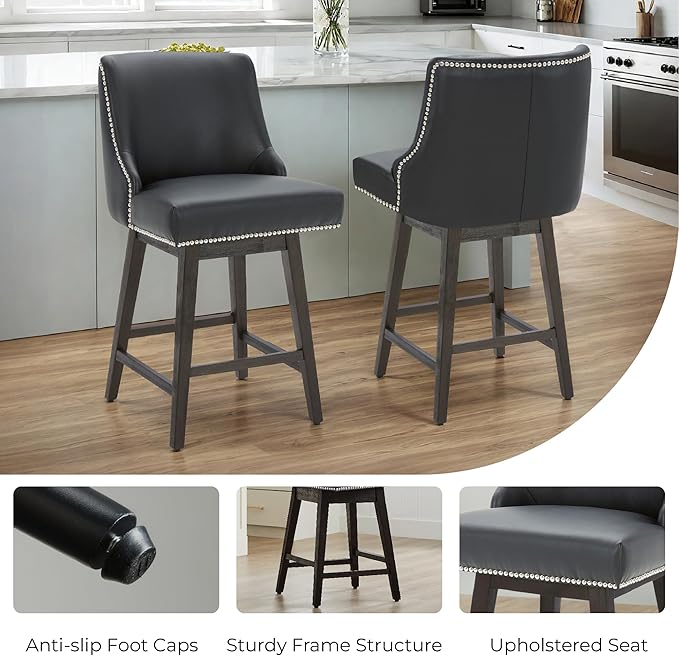 CHITA Counter Height Swivel Bar Stools, FSC Certified Upholstered Counter Stools, Modern Swivel Barstools with Wood Legs for Kitchen Island, 26" Seat Height, Faux Leather in Black